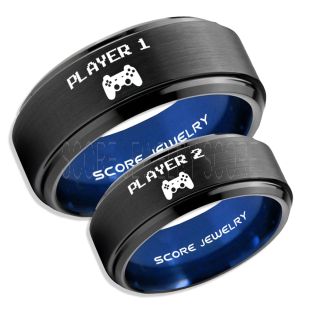 Player 1 Player 2 Rings, Gamer Rings, Black Tungsten Rings, Black Wedding Bands, Couple Ring Set Gamer Rings, Black Tungsten Bands
