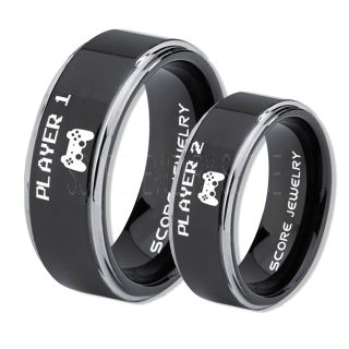 Player 1 Player 2 Rings, Gamer Rings, Black Tungsten Rings, Black Wedding Bands, Couple Ring Set Gamer Rings, Black Tungsten Bands