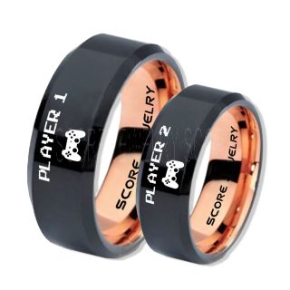 Player 1 Player 2 Rings, Gamer Rings, Black Tungsten Rings, Black Wedding Bands, Couple Ring Set Gamer Rings, Black Tungsten Bands