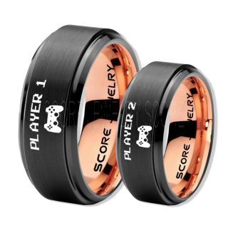 Player 1 Player 2 Rings, Gamer Rings, Black Tungsten Rings, Black Wedding Bands, Couple Ring Set Gamer Rings, Black Tungsten Bands