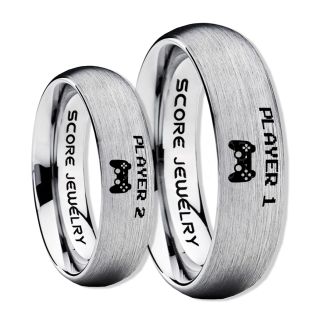 Player 1 Player 2 Rings, Gamer Rings, Silver Tungsten Rings, Silver Wedding Bands, Couple Ring Set Gamer Rings, Silver Tungsten Bands