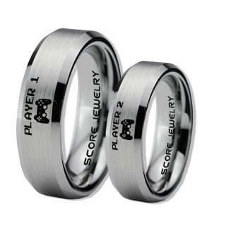 Player 1 Player 2 Rings, Gamer Rings, Silver Tungsten Rings, Silver Wedding Bands, Couple Ring Set Gamer Rings, Silver Tungsten Bands