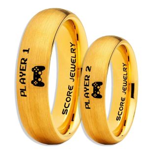 Player 1 Player 2 Rings, Gamer Rings, 14K Yellow Gold Tungsten Rings, Yellow Gold Wedding Bands, Couple Ring Set Gamer Rings, Yellow Gold Tungsten Bands