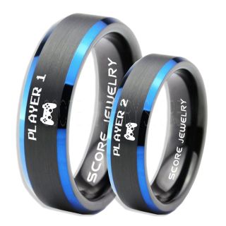 Player 1 Player 2 Rings, Gamer Rings, Black Tungsten Rings, Black Wedding Bands, Couple Ring Set Gamer Rings, Black Tungsten Bands