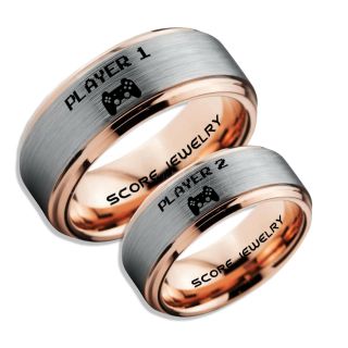 Player 1 Player 2 Rings, Gamer Rings, Silver Tungsten Rings, Silver Wedding Bands, Couple Ring Set Gamer Rings, Silver Tungsten Bands