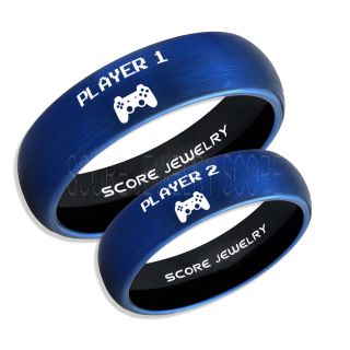 Player 1 Player 2 Rings, Gamer Rings, Blue Tungsten Rings, Blue Wedding Bands, Couple Ring Set Gamer Rings, Blue Tungsten Bands