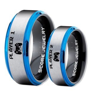 Player 1 Player 2 Rings, Gamer Rings, Silver Tungsten Rings, Silver Wedding Bands, Couple Ring Set Gamer Rings, Silver Tungsten Bands