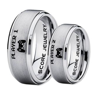 Player 1 Player 2 Rings, Gamer Rings, Silver Tungsten Rings, Silver Wedding Bands, Couple Ring Set Gamer Rings, Silver Tungsten Bands