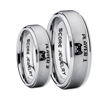 Player 1 Player 2 Rings, Gamer Rings, Silver Tungsten Rings, Silver Wedding Bands, Couple Ring Set Gamer Rings, Silver Tungsten Bands
