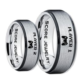 Player 1 Player 2 Rings, Gamer Rings, Silver Tungsten Rings, Silver Wedding Bands, Couple Ring Set Gamer Rings, Silver Tungsten Bands