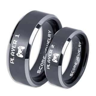 Player 1 Player 2 Rings, Gamer Rings, Black Tungsten Rings, Black Wedding Bands, Couple Ring Set Gamer Rings, Black Tungsten Bands