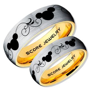 2 Piece Couple Set Tungsten Bands Mickey Mouse Rings, Silver Tungsten Wedding Rings, Silver Wedding Bands, Mickey Mouse Rings