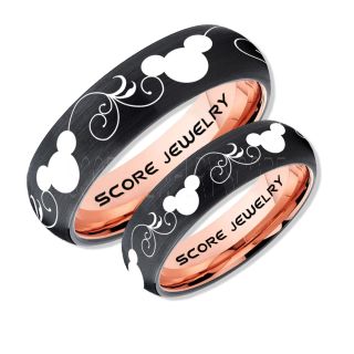 2 Piece Couple Set Tungsten Bands Mickey Mouse Rings, Black Tungsten Wedding Rings, Black Wedding Bands, Mickey Mouse Rings