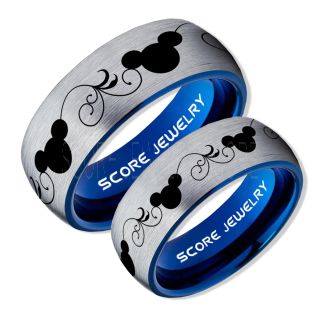 2 Piece Couple Set Tungsten Bands Mickey Mouse Rings, Silver Tungsten Wedding Rings, Silver Wedding Bands, Mickey Mouse Rings