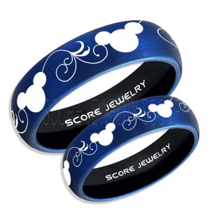 2 Piece Couple Set Tungsten Bands Mickey Mouse Rings, Blue Tungsten Wedding Rings, Blue Wedding Bands, Mickey Mouse Rings