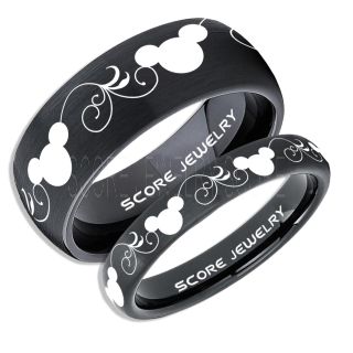 2 Piece Couple Set Tungsten Bands Mickey Mouse Rings, Black Tungsten Wedding Rings, Black Wedding Bands, Mickey Mouse Rings