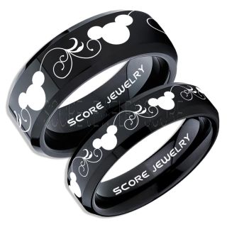 2 Piece Couple Set Tungsten Bands Mickey Mouse Rings, Black Tungsten Wedding Rings, Black Wedding Bands, Mickey Mouse Rings