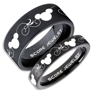 2 Piece Couple Set Tungsten Bands Mickey Mouse Rings, Black Tungsten Wedding Rings, Black Wedding Bands, Mickey Mouse Rings