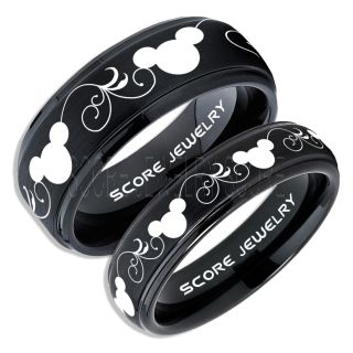 2 Piece Couple Set Tungsten Bands Mickey Mouse Rings, Black Tungsten Wedding Rings, Black Wedding Bands, Mickey Mouse Rings