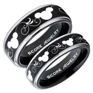 2 Piece Couple Set Tungsten Bands Mickey Mouse Rings, Black Tungsten Wedding Rings, Black Wedding Bands, Mickey Mouse Rings