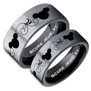 2 Piece Couple Set Tungsten Bands Mickey Mouse Rings, Black Tungsten Wedding Rings, Black Wedding Bands, Mickey Mouse Rings