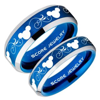 2 Piece Couple Set Tungsten Bands Mickey Mouse Rings, Blue Tungsten Wedding Rings, Blue Wedding Bands, Mickey Mouse Rings