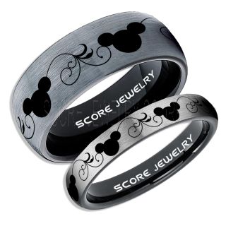 2 Piece Couple Set Tungsten Bands Mickey Mouse Rings, Silver Tungsten Wedding Rings, Silver Wedding Bands, Mickey Mouse Rings