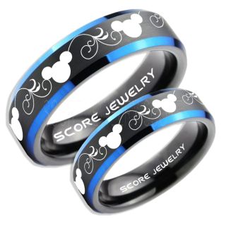 2 Piece Couple Set Tungsten Bands Mickey Mouse Rings, Black Tungsten Wedding Rings, Black Wedding Bands, Mickey Mouse Rings