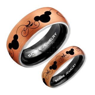 2 Piece Couple Set Tungsten Bands Mickey Mouse Rings, 14K Rose Gold Tungsten Wedding Rings, Rose Gold Wedding Bands, Mickey Mouse Rings