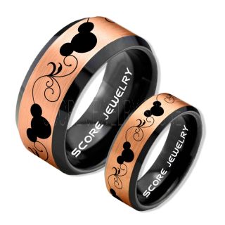 2 Piece Couple Set Tungsten Bands Mickey Mouse Rings, Black Tungsten Wedding Rings, Black Wedding Bands, Mickey Mouse Rings