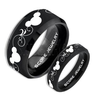 2 Piece Couple Set Tungsten Bands Mickey Mouse Rings, Black Tungsten Wedding Rings, Black Wedding Bands, Mickey Mouse Rings