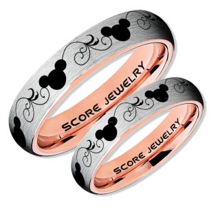 2 Piece Couple Set Tungsten Bands Mickey Mouse Rings, Silver Tungsten Wedding Rings, Silver Wedding Bands, Mickey Mouse Rings