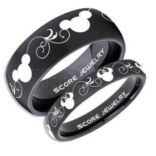 2 Piece Couple Set Tungsten Bands Mickey and Minnie Mouse Rings, Black Tungsten Wedding Rings, Black Wedding Bands, Mickey Mouse Rings