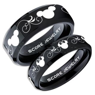 2 Piece Couple Set Tungsten Bands Mickey and Minnie Mouse Rings, Black Tungsten Wedding Rings, Black Wedding Bands, Mickey Mouse Rings