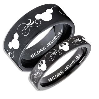 2 Piece Couple Set Tungsten Bands Mickey and Minnie Mouse Rings, Black Tungsten Wedding Rings, Black Wedding Bands, Mickey Mouse Rings