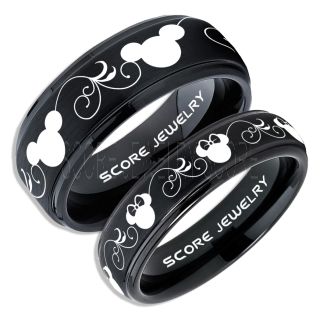 2 Piece Couple Set Tungsten Bands Mickey and Minnie Mouse Rings, Black Tungsten Wedding Rings, Black Wedding Bands, Mickey Mouse Rings