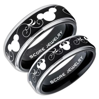 2 Piece Couple Set Tungsten Bands Mickey and Minnie Mouse Rings, Black Tungsten Wedding Rings, Black Wedding Bands, Mickey Mouse Rings