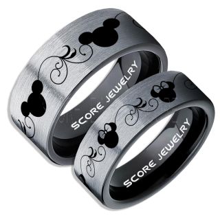 2 Piece Couple Set Tungsten Bands Mickey and Minnie Mouse Rings, Silver Tungsten Wedding Rings, Silver Wedding Bands, Mickey Mouse Rings