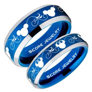 2 Piece Couple Set Tungsten Bands Mickey and Minnie Mouse Rings, Blue Tungsten Wedding Rings, Blue Wedding Bands, Mickey Mouse Rings