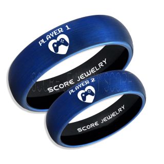 Gamer Rings, Couple Ring Set, Player 1 Player 2 Rings, Controller Heart Rings, Blue Gamer Wedding Rings, Blue Tungsten Gamer Wedding Bands, Blue Tungsten Rings, Blue Wedding Bands, Gamer Jewelry