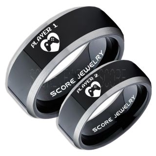Gamer Rings, Couple Ring Set, Player 1 Player 2 Rings, Controller Heart Rings, Black Gamer Wedding Rings, Black Tungsten Gamer Wedding Bands, Black Tungsten Rings, Black Wedding Bands, Gamer Jewelry