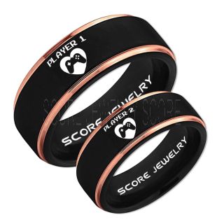 Gamer Rings, Couple Ring Set, Player 1 Player 2 Rings, Controller Heart Rings, Black Gamer Wedding Rings, Black Tungsten Gamer Wedding Bands, Black Tungsten Rings, Black Wedding Bands, Gamer Jewelry