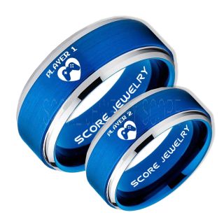 Gamer Rings, Couple Ring Set, Player 1 Player 2 Rings, Controller Heart Rings, Blue Gamer Wedding Rings, Blue Tungsten Gamer Wedding Bands, Blue Tungsten Rings, Blue Wedding Bands, Gamer Jewelry