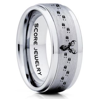 Deer Ring, Deer Wedding Ring, Deer Wedding Band, Deer Tracks Ring, Deer Tracks Silver Tungsten Ring, Silver Wedding Band, Hunting Ring, Outdoorsman Wedding Band