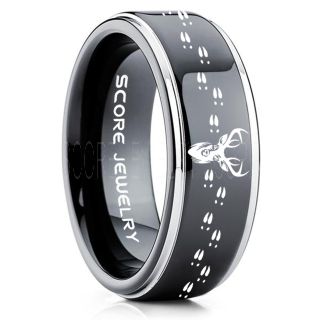 Deer Ring, Deer Wedding Ring, Deer Wedding Band, Deer Tracks Ring, Deer Tracks Black Tungsten Ring, Black Wedding Band, Hunting Ring, Outdoorsman Wedding Band