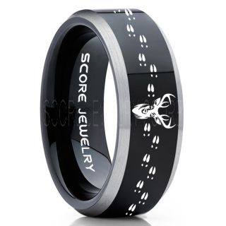 Deer Ring, Deer Wedding Ring, Deer Wedding Band, Deer Tracks Ring, Deer Tracks Black Tungsten Ring, Black Wedding Band, Hunting Ring, Outdoorsman Wedding Band
