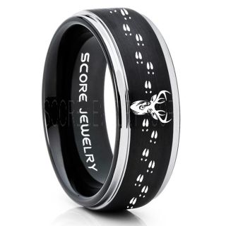 Deer Ring, Deer Wedding Ring, Deer Wedding Band, Deer Tracks Ring, Deer Tracks Black Tungsten Ring, Black Wedding Band, Hunting Ring, Outdoorsman Wedding Band