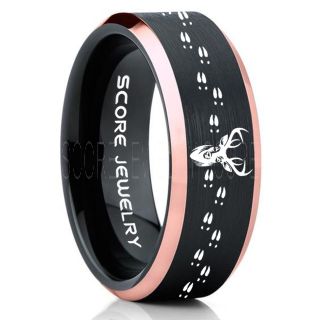 Deer Ring, Deer Wedding Ring, Deer Wedding Band, Deer Tracks Ring, Deer Tracks Black Tungsten Ring, Black Wedding Band, Hunting Ring, Outdoorsman Wedding Band