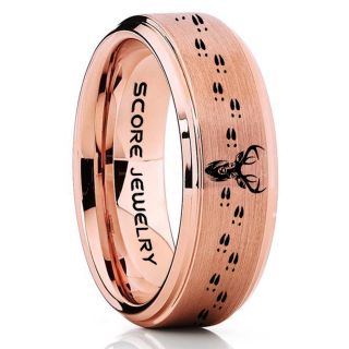 Deer Ring, Deer Wedding Ring, Deer Wedding Band, Deer Tracks Ring, Deer Tracks 14K Rose Gold Tungsten Ring, Rose Gold Wedding Band, Hunting Ring, Outdoorsman Wedding Band