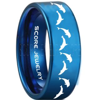 Dolphins Ring, Dolphin Wedding Ring, Dolphin Wedding Band, Marine Life Ring, Bottlenose Dolphins Ring, Dolphin Pod Blue Tungsten Ring, Blue Wedding Band, Ocean Life Wedding Band